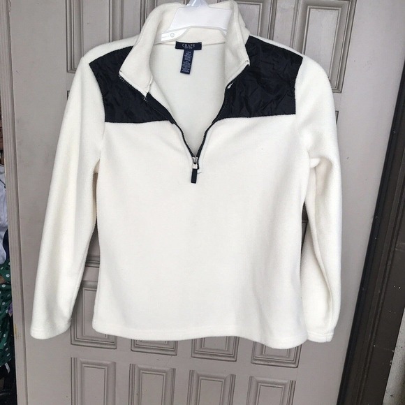 Chaps Fleecy Sweater Ivory Black Quilted Yoke 1/2 Zip Front SzL Juniors Pre-Owne - Picture 1 of 7